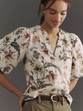 Anthropologie V-Neck Puff-Sleeve Popover Blouse